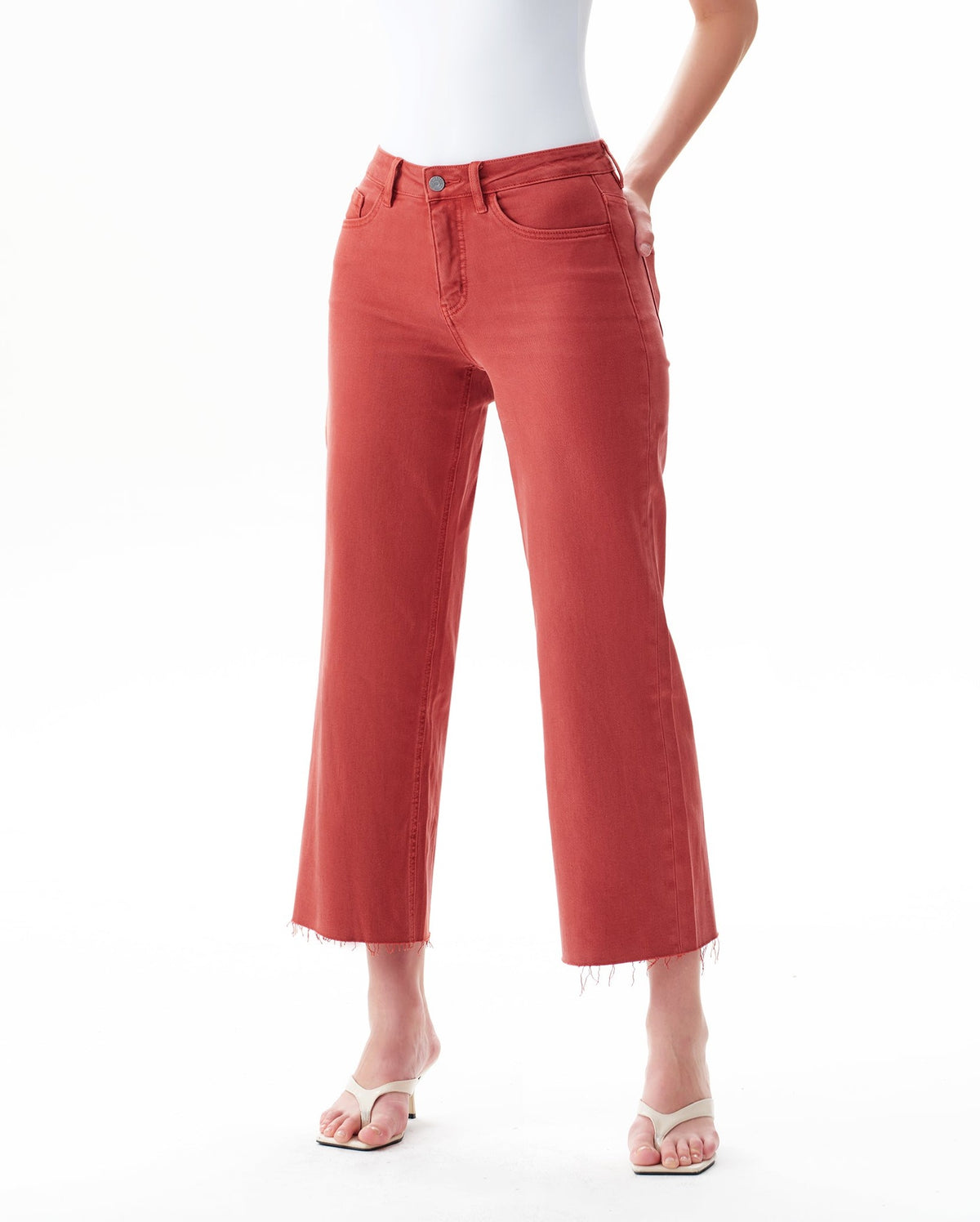 SUGAR CORAL MID RISE STRAIGHT FLARE LEG RAW HEM JEAN