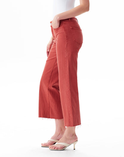 SUGAR CORAL MID RISE STRAIGHT FLARE LEG RAW HEM JEAN
