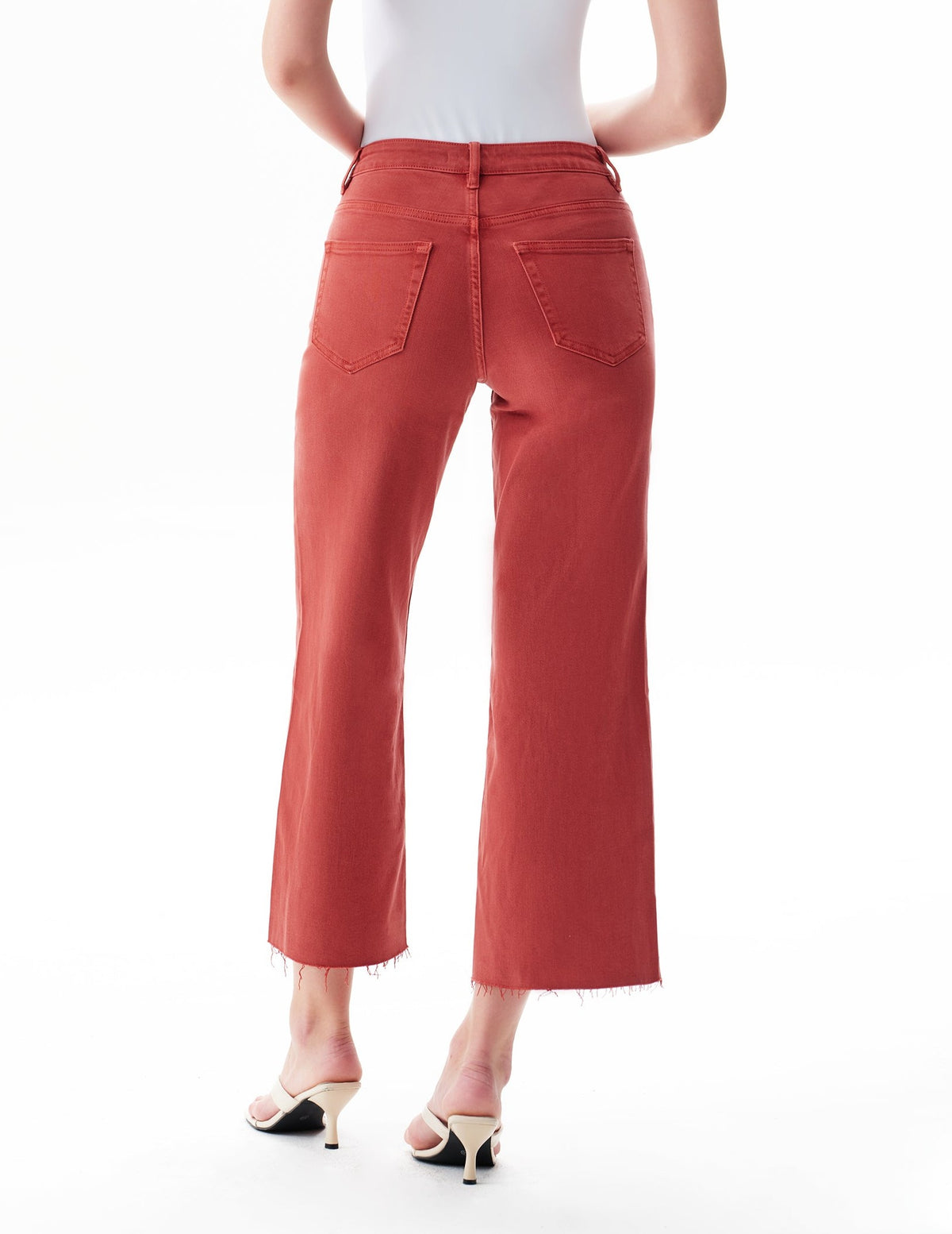 SUGAR CORAL MID RISE STRAIGHT FLARE LEG RAW HEM JEAN