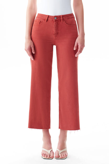 SUGAR CORAL MID RISE STRAIGHT FLARE LEG RAW HEM JEAN