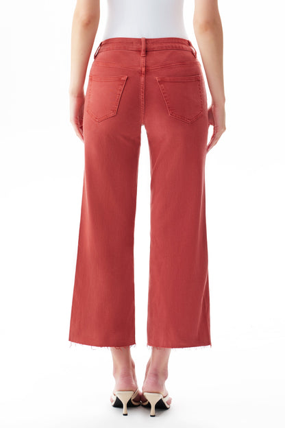 SUGAR CORAL MID RISE STRAIGHT FLARE LEG RAW HEM JEAN