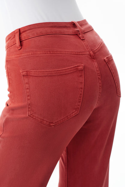 SUGAR CORAL MID RISE STRAIGHT FLARE LEG RAW HEM JEAN