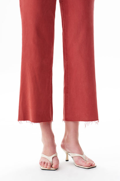 SUGAR CORAL MID RISE STRAIGHT FLARE LEG RAW HEM JEAN