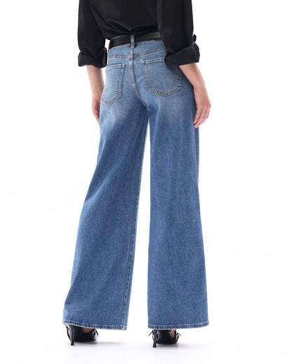 MEDIUM BLUE MID RISE WIDE LEG JEAN