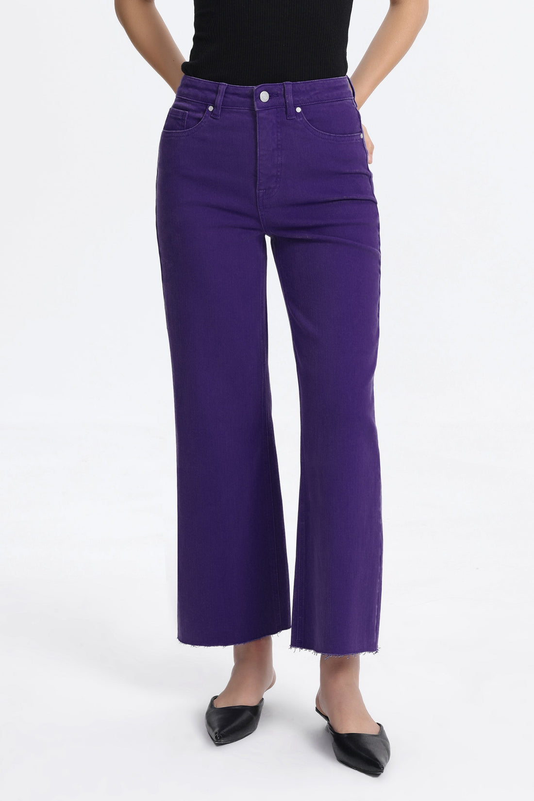 PURPLE HIGH RISE RAW HEM WIDE LEG JEAN