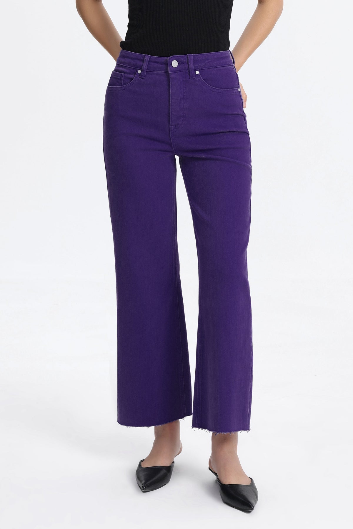 PURPLE HIGH RISE RAW HEM WIDE LEG JEAN