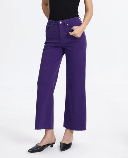 PURPLE HIGH RISE RAW HEM WIDE LEG JEAN
