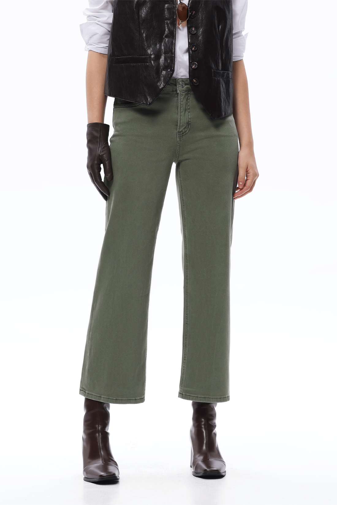 GREEN MID RISE STRAIGHT FLARE LEG JEAN