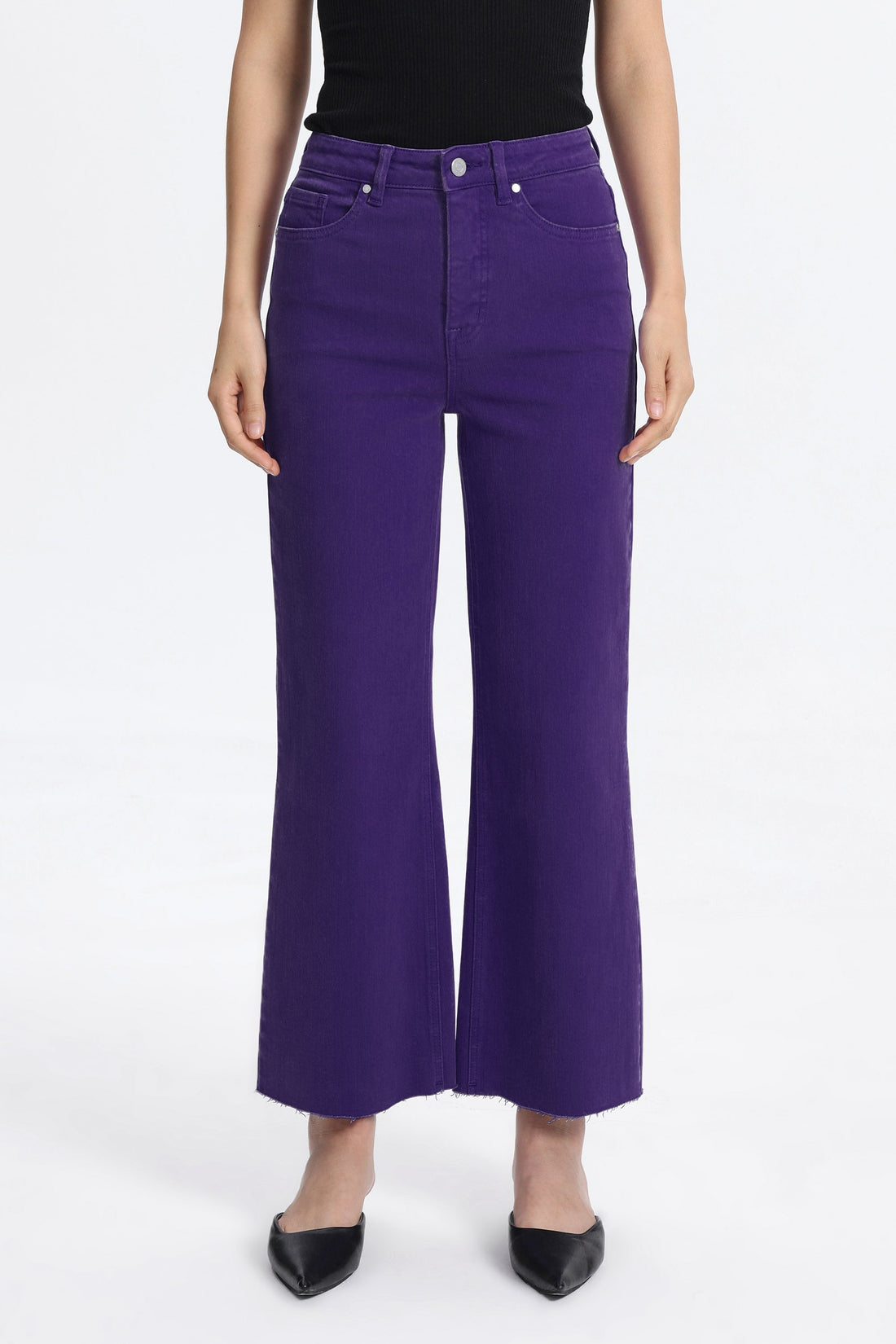 PURPLE HIGH RISE RAW HEM WIDE LEG JEAN