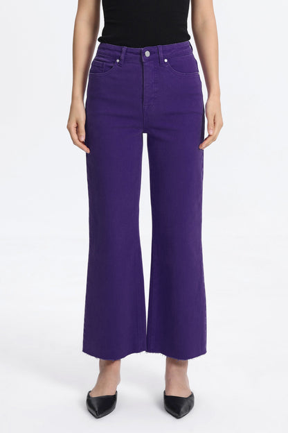 PURPLE HIGH RISE RAW HEM WIDE LEG JEAN