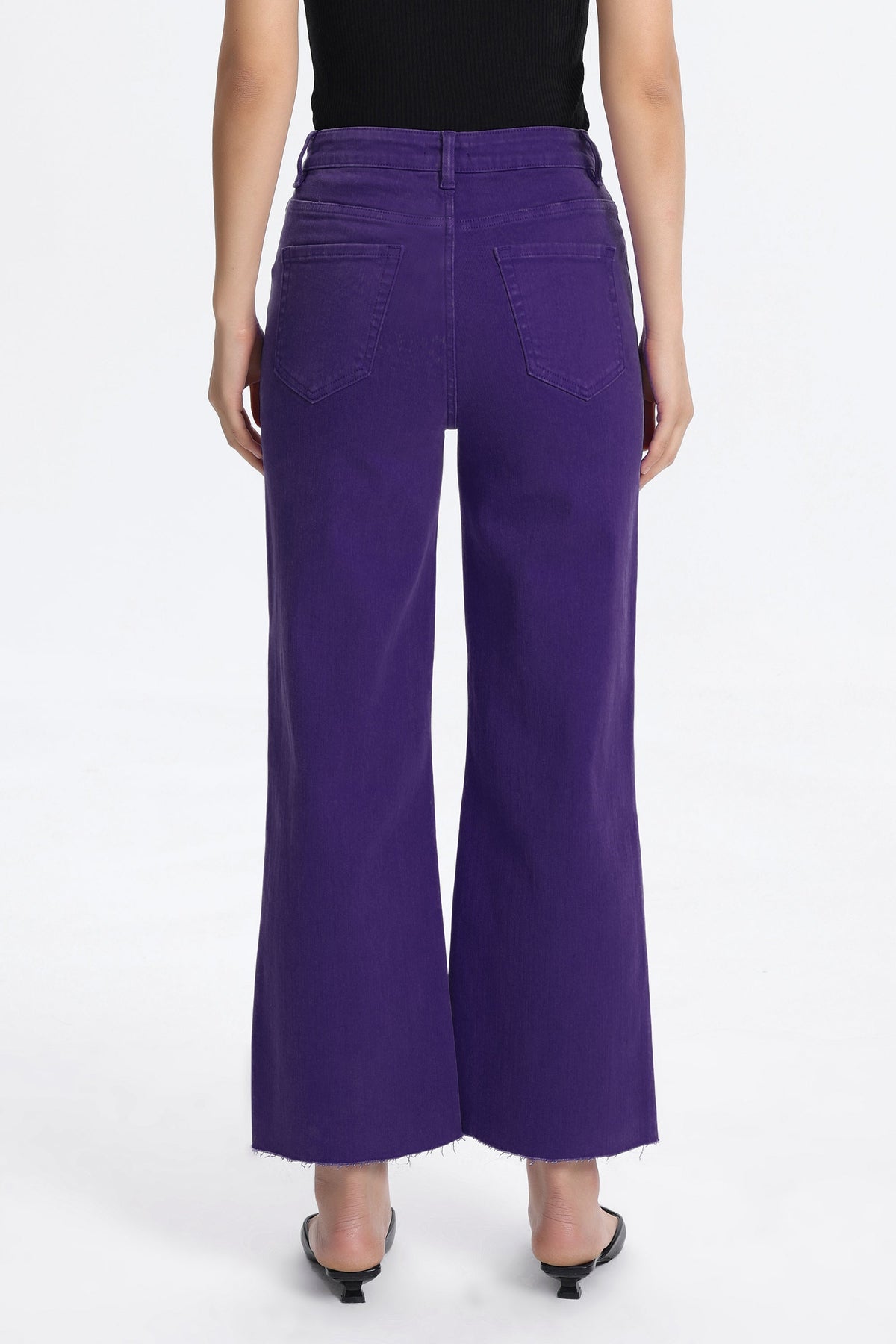 PURPLE HIGH RISE RAW HEM WIDE LEG JEAN