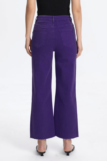 PURPLE HIGH RISE RAW HEM WIDE LEG JEAN