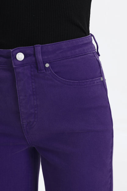 PURPLE HIGH RISE RAW HEM WIDE LEG JEAN