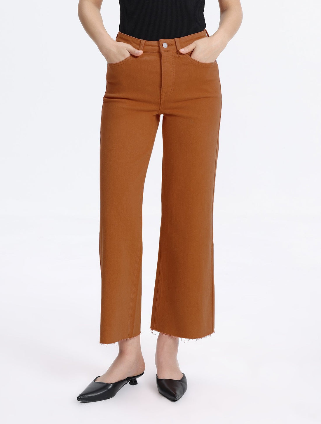 BURNT ORANGE HIGH RISE RAW HEM WIDE LEG JEAN