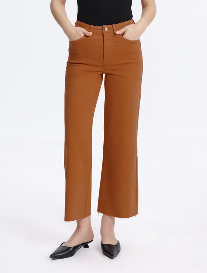 BURNT ORANGE HIGH RISE RAW HEM WIDE LEG JEAN
