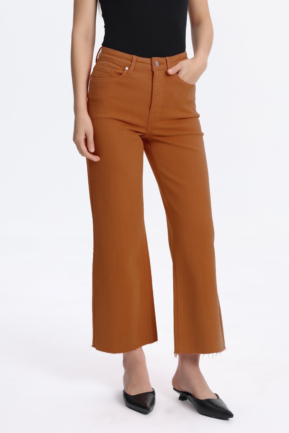 BURNT ORANGE HIGH RISE RAW HEM WIDE LEG JEAN