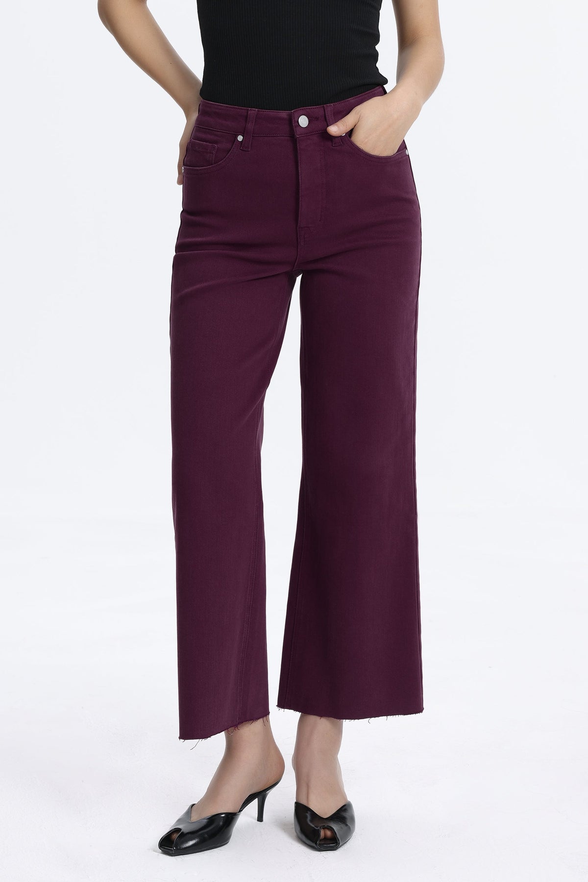 MAROON HIGH RISE RAW HEM WIDE LEG JEAN