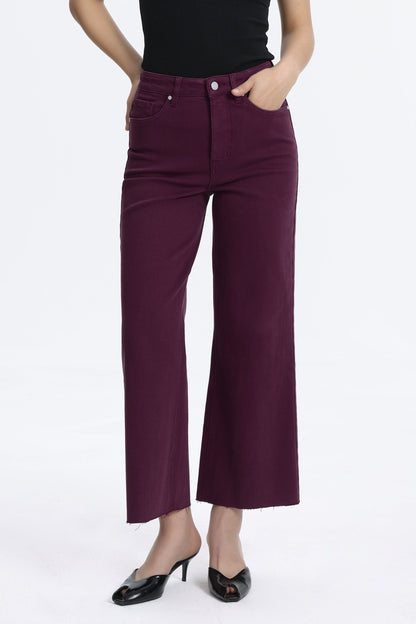 MAROON HIGH RISE RAW HEM WIDE LEG JEAN