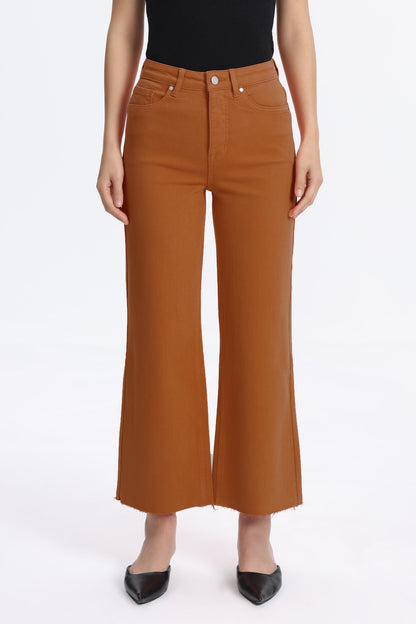 BURNT ORANGE HIGH RISE RAW HEM WIDE LEG JEAN