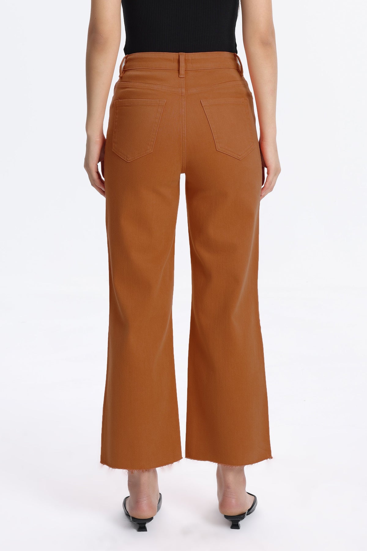 BURNT ORANGE HIGH RISE RAW HEM WIDE LEG JEAN