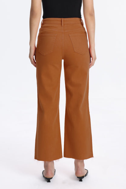 BURNT ORANGE HIGH RISE RAW HEM WIDE LEG JEAN