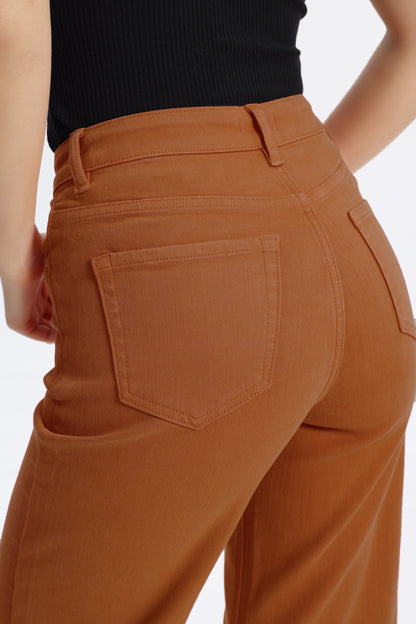 BURNT ORANGE HIGH RISE RAW HEM WIDE LEG JEAN