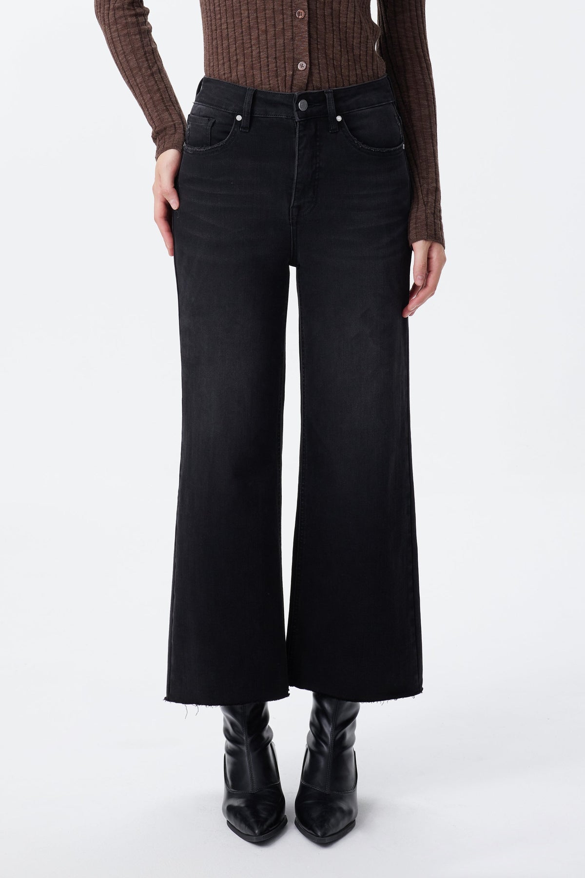 BLACK LILY HIGH RISE RAW HEM WIDE LEG JEAN