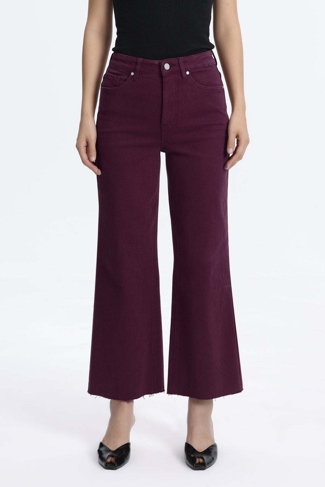 MAROON HIGH RISE RAW HEM WIDE LEG JEAN