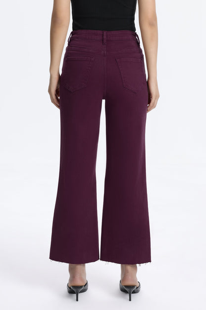 MAROON HIGH RISE RAW HEM WIDE LEG JEAN