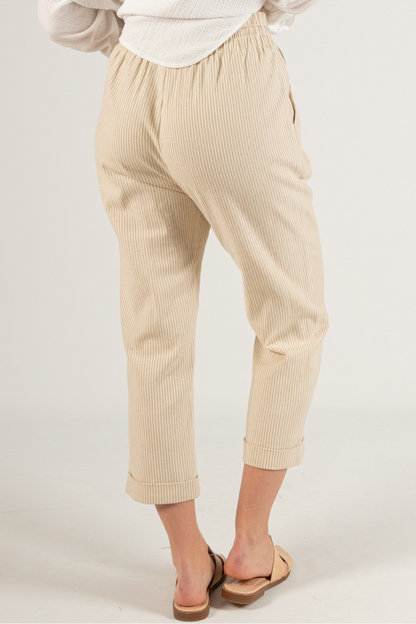 TAUPE TWILL PINSTRIPE COTTON LINEN BLEND TAPERED PANT