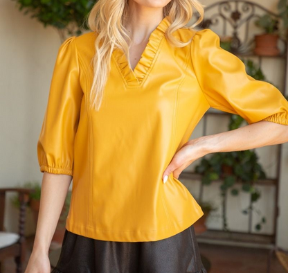 MUSTARD FAUX LEATHER RUFFLED VNECK PUFF SLEEVE TOP