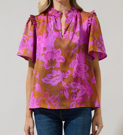 RUST/MAGENTA FLORAL SPLIT NECK SATIN TOP