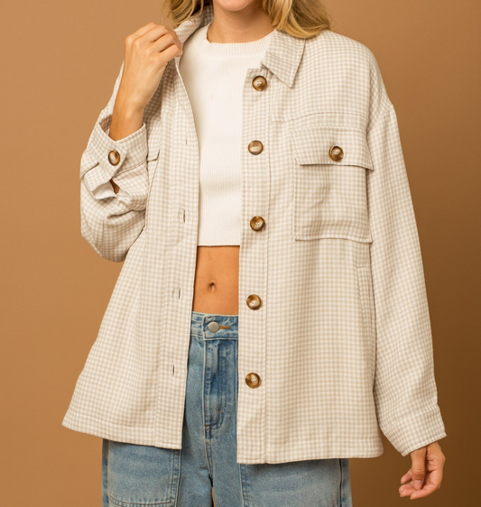 WHITE/TAUPE GINGHAM POCKET DETAIL OVERSIZED JACKET