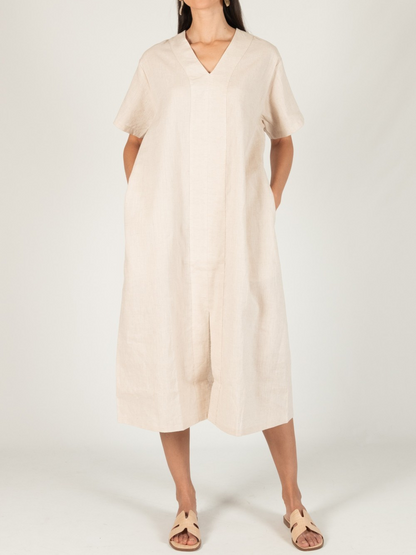 NATURAL LINEN VNECK FRONT SLIT SHORT SLEEVE DRESS