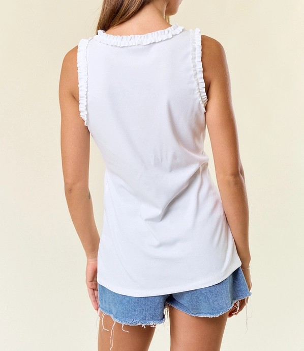 OFF WHITE RIBBED TANK WITH RUFFLE DETAIL