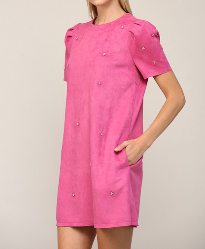 MAGENTA PINK JEWEL EMBELLISHED PUFF SLEEVE SHIFT DRESS