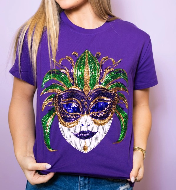 PURPLE SEQUIN MARDI GRAS MASK TSHIRT