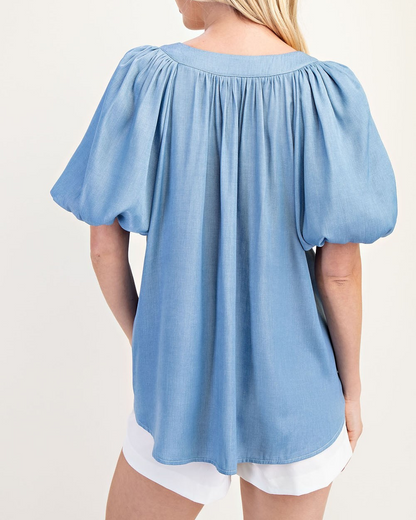 SKY BLUE VNECK PLACKET BALLOON SLEEVE TOP