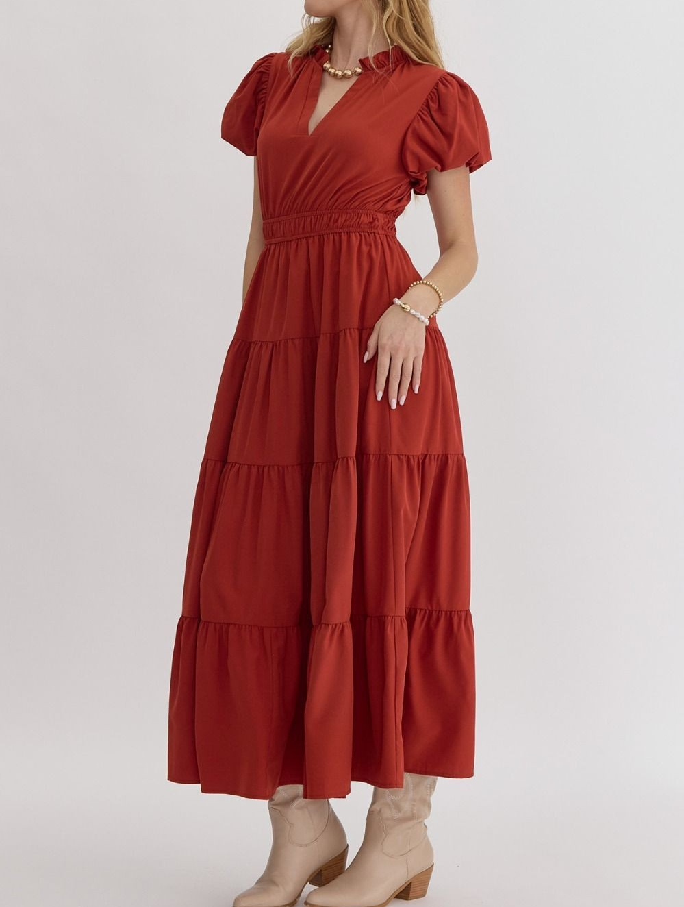 BRICK VNECK BUBBLE SLEEVE TIERED MIDI DRESS