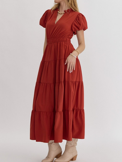 BRICK VNECK BUBBLE SLEEVE TIERED MIDI DRESS