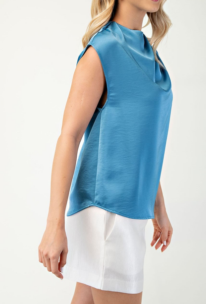 BLUE SATIN DRAPED SHORT SLEEVE BLOUSE