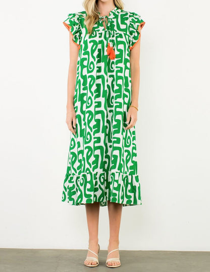 GREEN PRINTED TASSEL TIE FLUTTER SLEEVE MAXI DRESS