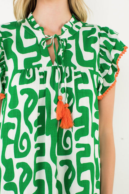 GREEN PRINTED TASSEL TIE FLUTTER SLEEVE MAXI DRESS