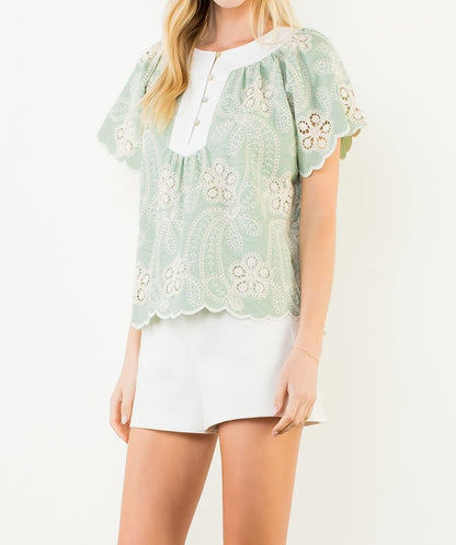 GREEN/WHITE FLORAL LACE SCALLOP HEM SHORT SLEEVE TOP