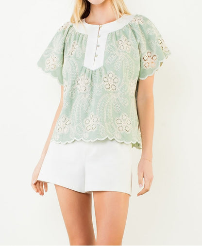 GREEN/WHITE FLORAL LACE SCALLOP HEM SHORT SLEEVE TOP
