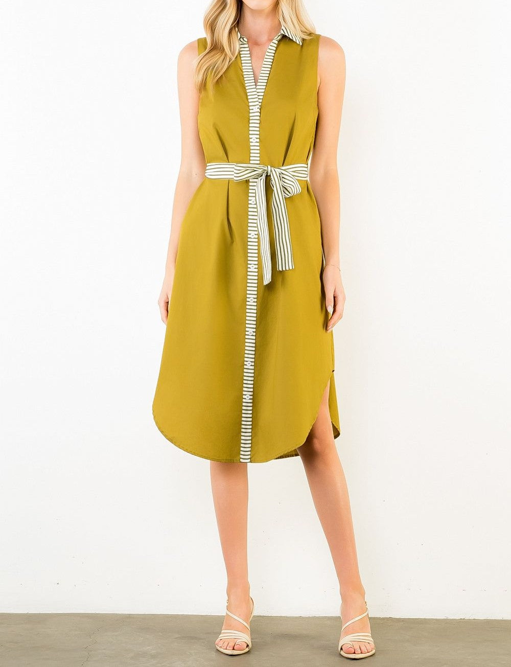 OLIVE STRIPED BANDING BUTTON-DOWN SLEEVELESS MIDI DRESS
