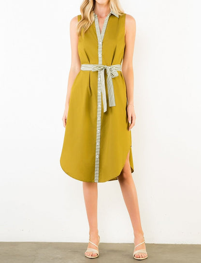 OLIVE STRIPED BANDING BUTTON-DOWN SLEEVELESS MIDI DRESS