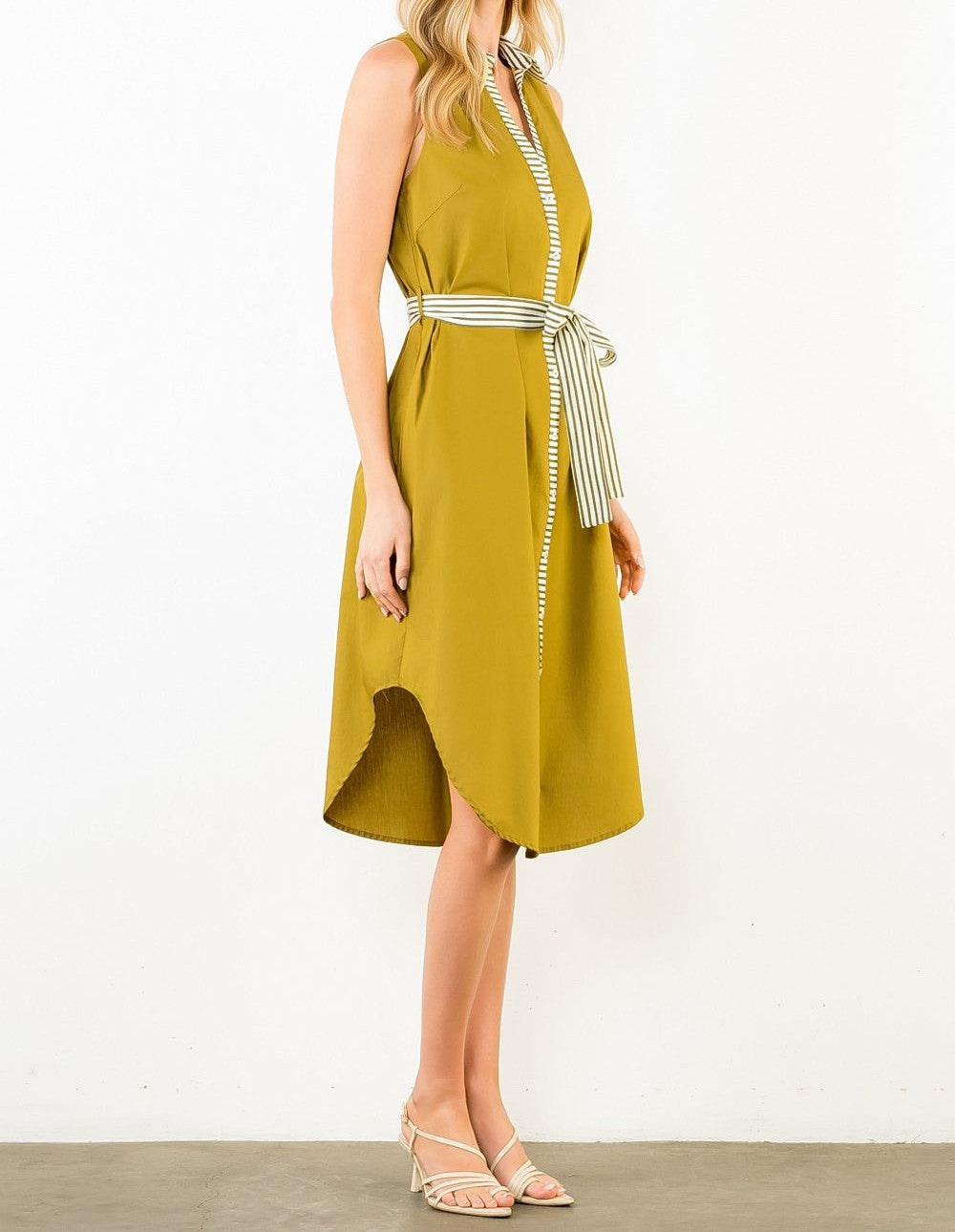 OLIVE STRIPED BANDING BUTTON-DOWN SLEEVELESS MIDI DRESS