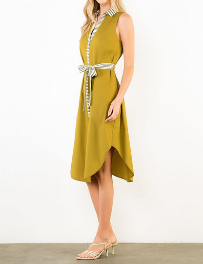 OLIVE STRIPED BANDING BUTTON-DOWN SLEEVELESS MIDI DRESS