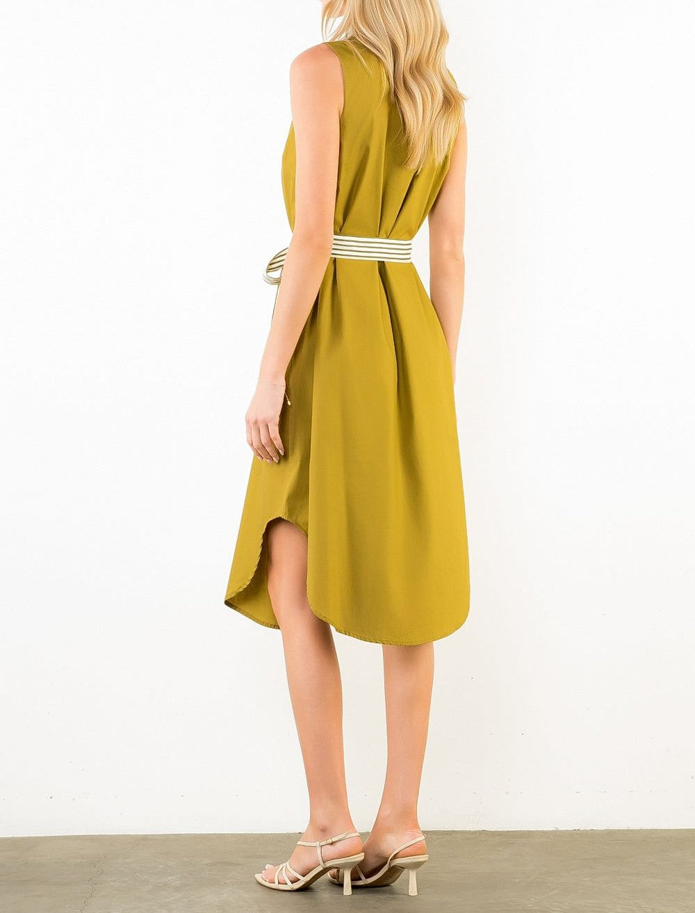 OLIVE STRIPED BANDING BUTTON-DOWN SLEEVELESS MIDI DRESS